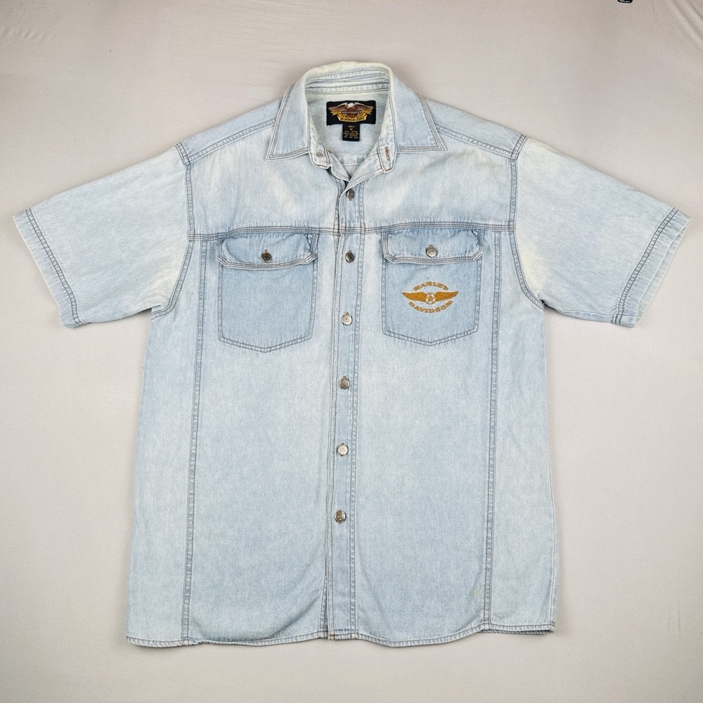 Harley Davidson Light Wash Denim Button Down‎  Double Pocket Shirt Mens Medium